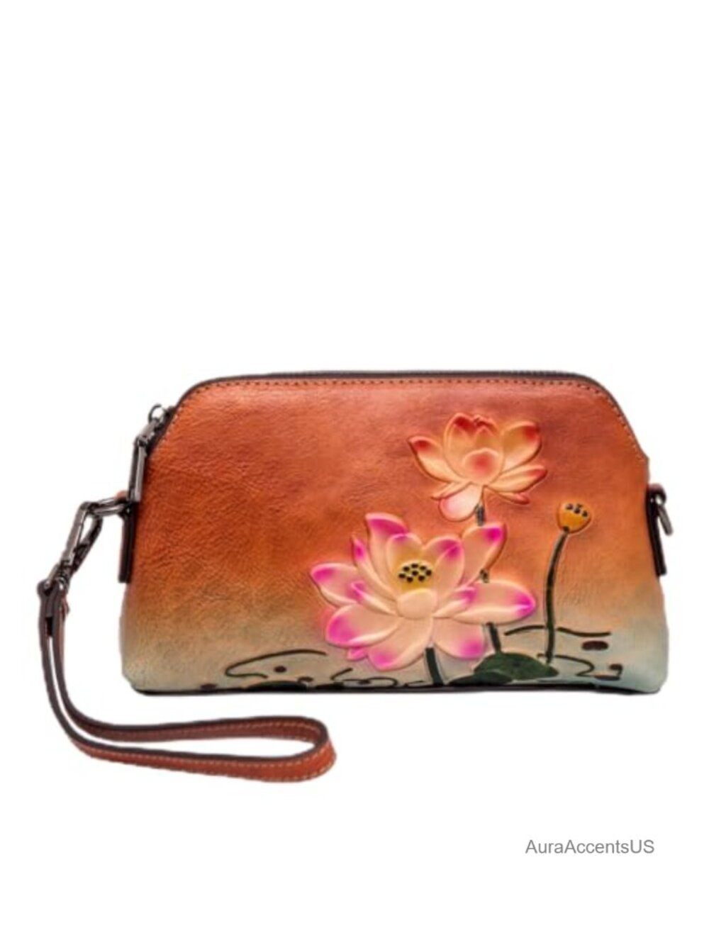 Genuine Leather Handbag for Women Hand-Embossed Lotus Floral Crossbody Purse